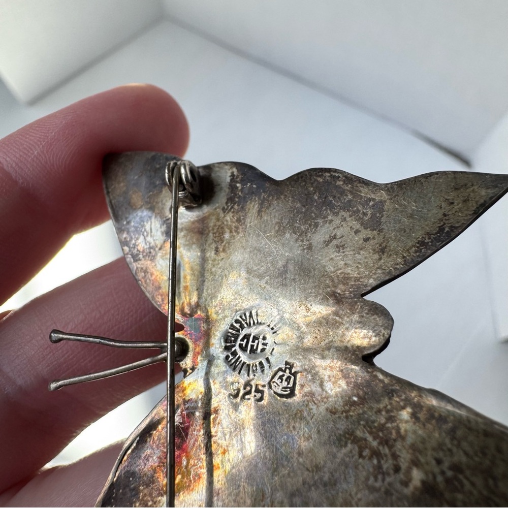 Vintage Mexican Sterling Silver 925 Abalone Butterfly Brooch Blue Green Pin - Picture 14 of 16